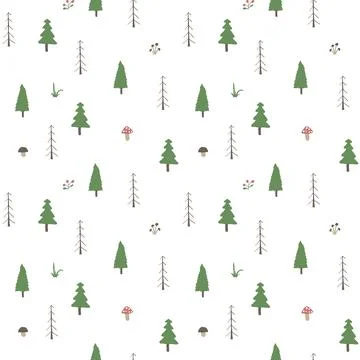 Woodland Seamless pattern, Forest background. Cute cartoon trees and plants v Stock Illustration