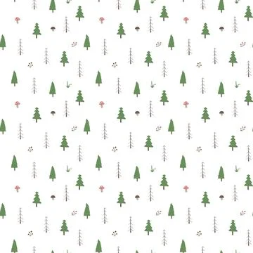 Woodland Seamless pattern, Forest background. Cute cartoon trees and plants v 스톡 일러스트