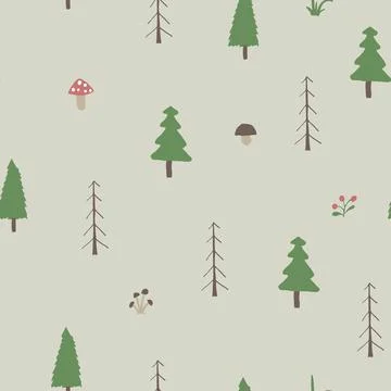 Woodland Seamless pattern, Forest background. Cute cartoon trees and plants v 스톡 일러스트