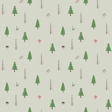 Woodland Seamless pattern, Forest background. Cute cartoon trees and plants v Stock Illustration