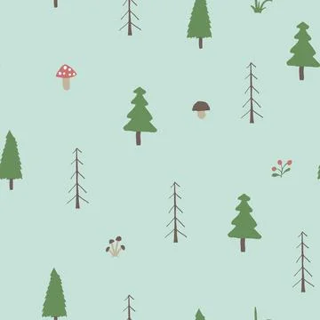 Woodland Seamless pattern, Forest background. Cute cartoon trees and plants v Stock Illustration