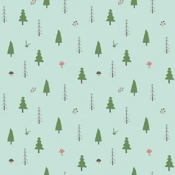 Woodland Seamless pattern, Forest background. Cute cartoon trees and plants v Stock Illustration