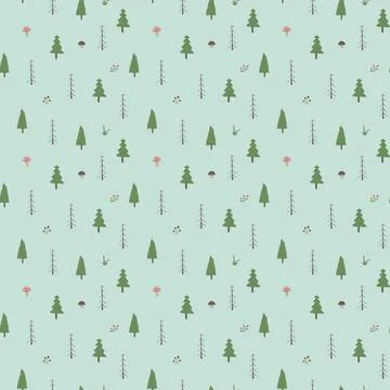 Woodland Seamless pattern, Forest background. Cute cartoon trees and plants v Stock Illustration