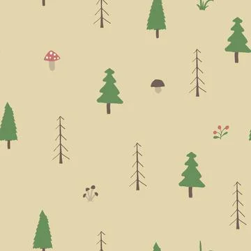 Woodland Seamless pattern, Forest background. Cute cartoon trees and plants v Stock Illustration