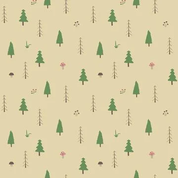 Woodland Seamless pattern, Forest background. Cute cartoon trees and plants v Stock Illustration