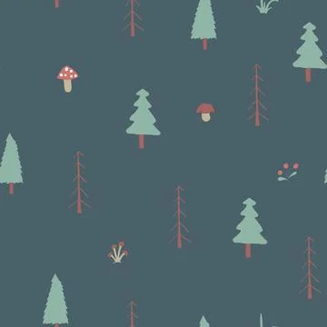 Woodland Seamless pattern, Forest background. Cute cartoon trees and plants v 스톡 일러스트