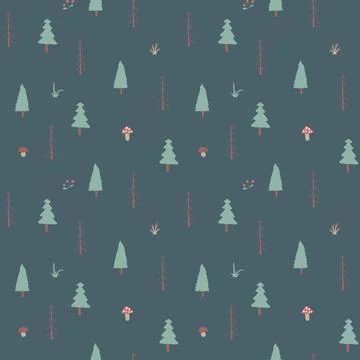 Woodland Seamless pattern, Forest background. Cute cartoon trees and plants v Stock Illustration