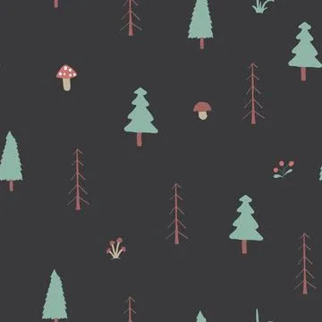 Woodland Seamless pattern, Forest background. Cute cartoon trees and plants v Stock Illustration