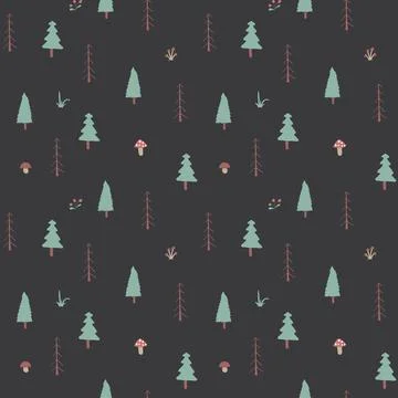 Woodland Seamless pattern, Forest background. Cute cartoon trees and plants v Stock Illustration
