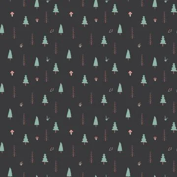 Woodland Seamless pattern, Forest background. Cute cartoon trees and plants v 스톡 일러스트