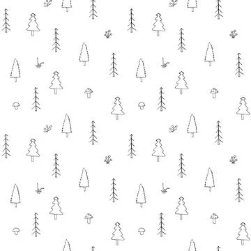 Woodland Seamless pattern, Forest background. Cute cartoon trees and plants v 스톡 일러스트