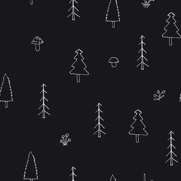 Woodland Seamless pattern, Forest background. Cute cartoon trees and plants v Stock Illustration