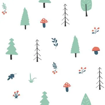 Woodland Seamless pattern, Forest background. Cute cartoon trees and plants v Stock Illustration
