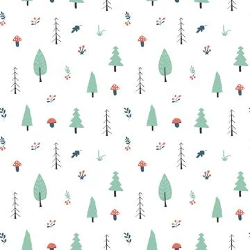 Woodland Seamless pattern, Forest background. Cute cartoon trees and plants v 스톡 일러스트