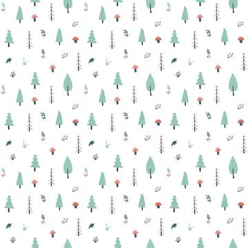 Woodland Seamless pattern, Forest background. Cute cartoon trees and plants v Stock Illustration