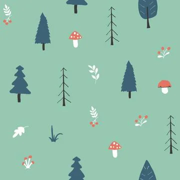 Woodland Seamless pattern, Forest background. Cute cartoon trees and plants v 스톡 일러스트