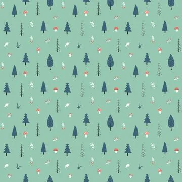 Woodland Seamless pattern, Forest background. Cute cartoon trees and plants v Stock Illustration
