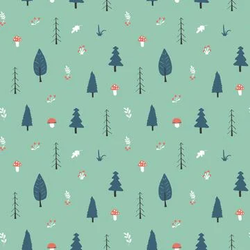 Woodland Seamless pattern, Forest background. Cute cartoon trees and plants v 스톡 일러스트