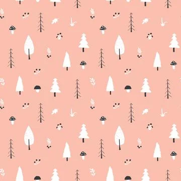 Woodland Seamless pattern, Forest background. Cute cartoon trees and plants v Stock Illustration