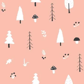 Woodland Seamless pattern, Forest background. Cute cartoon trees and plants v 스톡 일러스트
