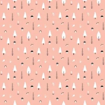 Woodland Seamless pattern, Forest background. Cute cartoon trees and plants v 스톡 일러스트