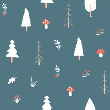 Woodland Seamless pattern, Forest background. Cute cartoon trees and plants v Stock Illustration