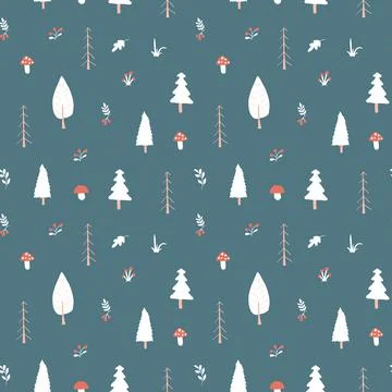 Woodland Seamless pattern, Forest background. Cute cartoon trees and plants v Stock Illustration