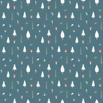 Woodland Seamless pattern, Forest background. Cute cartoon trees and plants v Stock Illustration