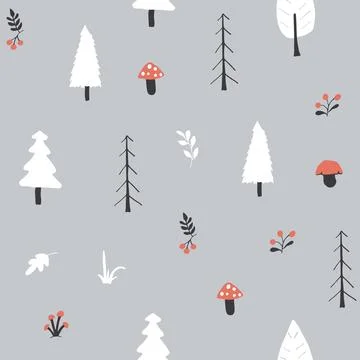 Woodland Seamless pattern, Forest background. Cute cartoon trees and plants v Stock Illustration