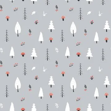 Woodland Seamless pattern, Forest background. Cute cartoon trees and plants v Stock Illustration