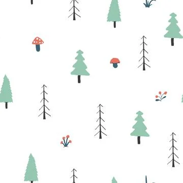 Woodland Seamless pattern, Forest background. Cute cartoon trees and plants v Stock Illustration