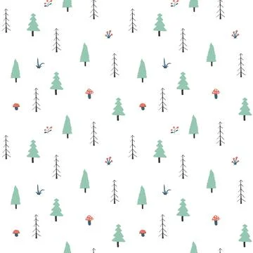 Woodland Seamless pattern, Forest background. Cute cartoon trees and plants v Stock Illustration