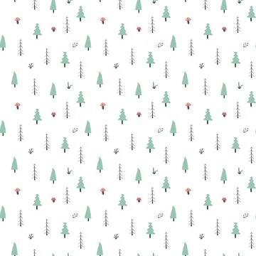 Woodland Seamless pattern, Forest background. Cute cartoon trees and plants v Stock Illustration