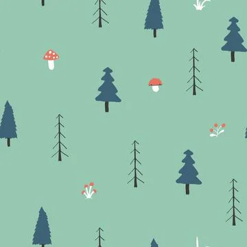 Woodland Seamless pattern, Forest background. Cute cartoon trees and plants v Stock Illustration