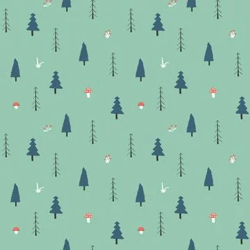 Woodland Seamless pattern, Forest background. Cute cartoon trees and plants v Stock Illustration