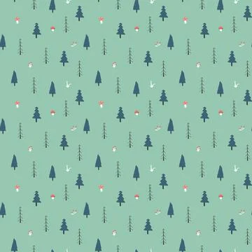 Woodland Seamless pattern, Forest background. Cute cartoon trees and plants v Stock Illustration