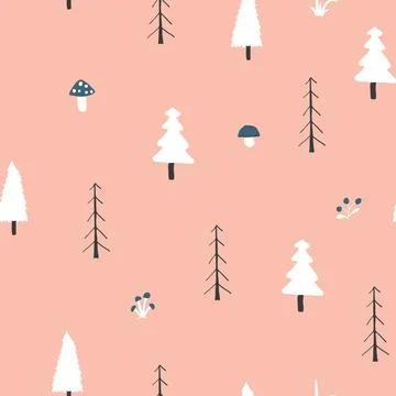 Woodland Seamless pattern, Forest background. Cute cartoon trees and plants v 스톡 일러스트