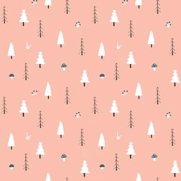 Woodland Seamless pattern, Forest background. Cute cartoon trees and plants v Stock Illustration