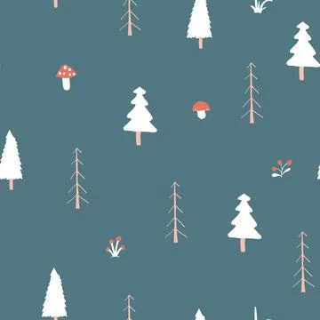 Woodland Seamless pattern, Forest background. Cute cartoon trees and plants v Stock Illustration