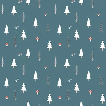 Woodland Seamless pattern, Forest background. Cute cartoon trees and plants v Stock Illustration