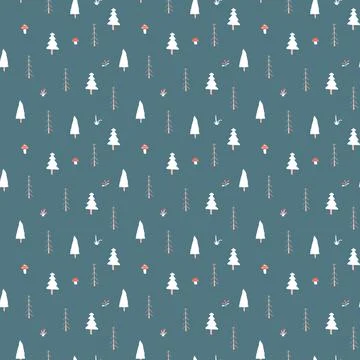 Woodland Seamless pattern, Forest background. Cute cartoon trees and plants v 스톡 일러스트