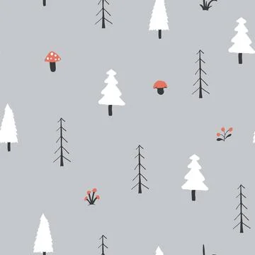 Woodland Seamless pattern, Forest background. Cute cartoon trees and plants v 스톡 일러스트
