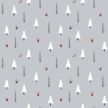 Woodland Seamless pattern, Forest background. Cute cartoon trees and plants v 스톡 일러스트