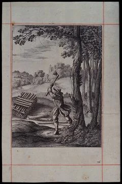 A woodman is swinging an axe at a tree. Etching by W. Hollar for a fable by.. Illustrazione stock