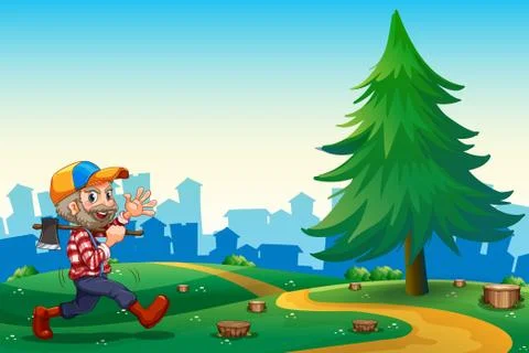 A woodman walking while carrying an axe at the hilltop Stock Illustration