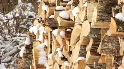 Woodpile during light snow in winter Stock Footage 994341