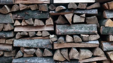 Woodpile of a split tree in close-up. Chopped and stacked logs of firewood Stock Footage 195848032