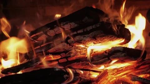 Woods are burning in the fireplace close-up. Cozy relaxing meditation. Bonefire Stock Footage 256857963