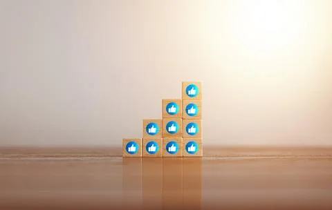 Woods block square step with blue like emoji social media icon. Social medi.. Stock Photos