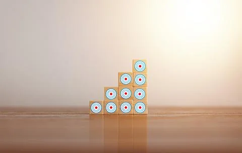 Woods block square step with target, business strategy, Action plan, Goal a.. Stock Photos